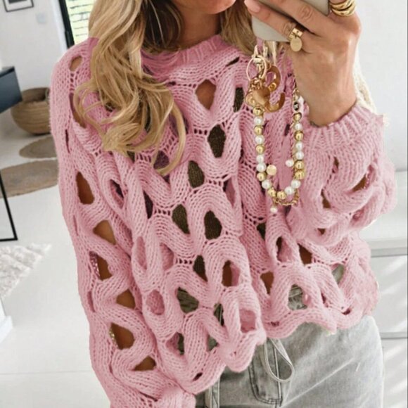 Pink Casual Women's Skeleton Weave Long Sleeve Cowl Sweater Pullover - Picture 3 of 11